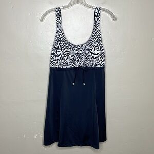 MAXINE One Piece Swimsuit Black & White Dress Overlay Modest Scoop Neck 14